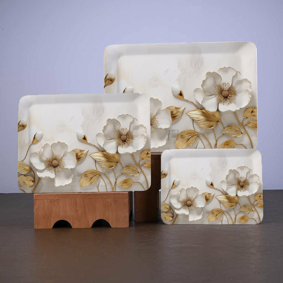 Dribble 100% Pure Melamine Serving Tray Set of 3 (Small, Medium & Large), Food Grade, BPA Free, for Kitchen, Dining, Serving Tea, Coffee and Meals Shape Rectangular, Design: Daisy Delight