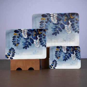 Dribble 100% Pure Melamine Serving Tray Set of 3 (Small, Medium & Large), Food Grade, BPA Free, for Kitchen, Dining, Serving Tea, Coffee and Meals, Shape Rectangular, Design: Blue Horizon