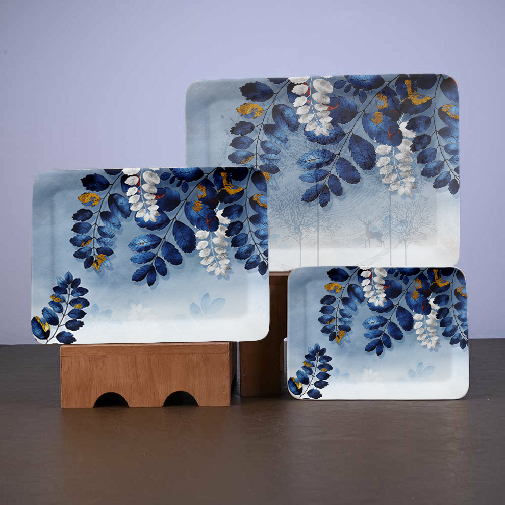 Dribble 100% Pure Melamine Serving Tray Set of 3 (Small, Medium & Large), Food Grade, BPA Free, for Kitchen, Dining, Serving Tea, Coffee and Meals, Shape Rectangular, Design: Blue Horizon