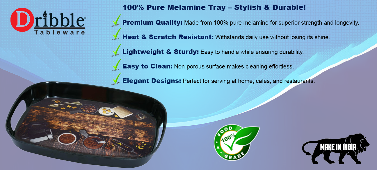 Dribble 100% Pure Melamine Serving Tray with Handle Large, Food Grade, BPA Free, for Kitchen, Dining, Serving Tea, Coffee and Meals, Shape Rectangular, Design: Cafe Culture