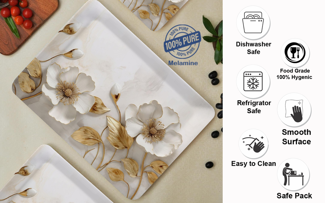 Dribble 100% Pure Melamine Serving Tray Set of 3 (Small, Medium & Large), Food Grade, BPA Free, for Kitchen, Dining, Serving Tea, Coffee and Meals Shape Rectangular, Design: Daisy Delight