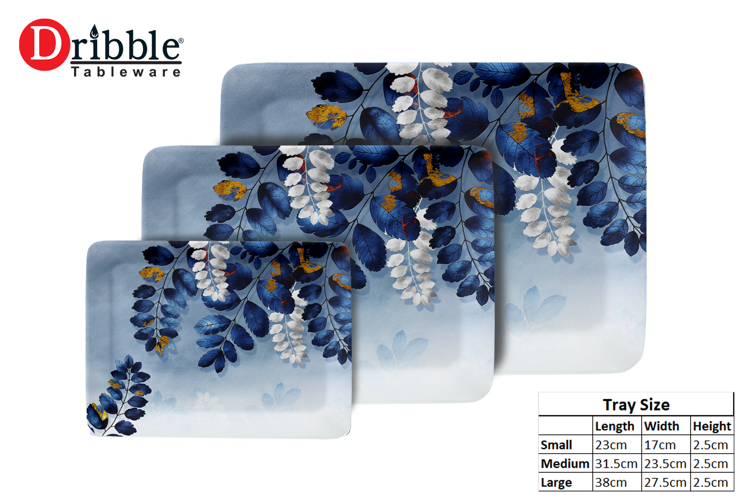 Dribble 100% Pure Melamine Serving Tray Set of 3 (Small, Medium & Large), Food Grade, BPA Free, for Kitchen, Dining, Serving Tea, Coffee and Meals, Shape Rectangular, Design: Blue Horizon