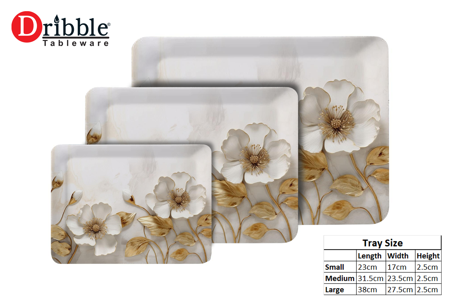 Dribble 100% Pure Melamine Serving Tray Set of 3 (Small, Medium & Large), Food Grade, BPA Free, for Kitchen, Dining, Serving Tea, Coffee and Meals Shape Rectangular, Design: Daisy Delight