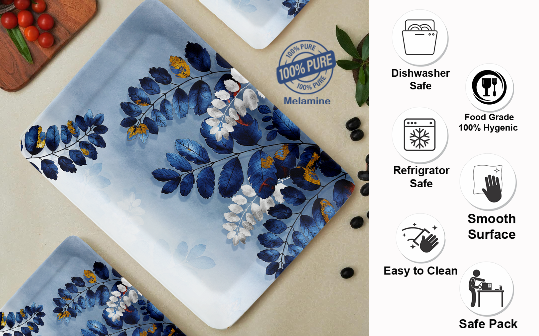 Dribble 100% Pure Melamine Serving Tray Set of 3 (Small, Medium & Large), Food Grade, BPA Free, for Kitchen, Dining, Serving Tea, Coffee and Meals, Shape Rectangular, Design: Blue Horizon