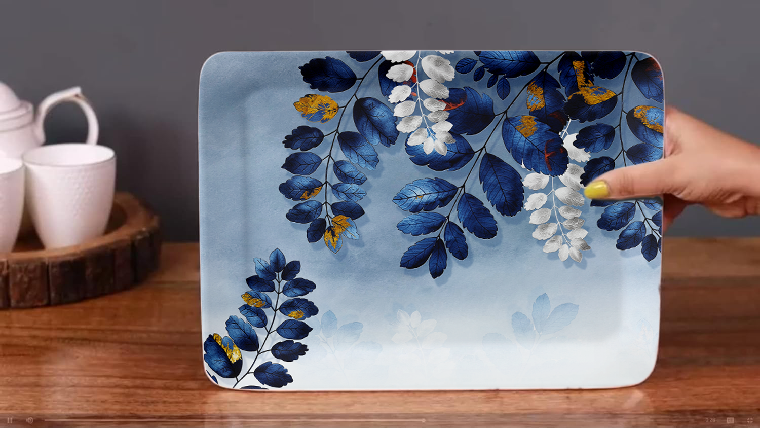 Dribble 100% Pure Melamine Serving Tray Set of 3 (Small, Medium & Large), Food Grade, BPA Free, for Kitchen, Dining, Serving Tea, Coffee and Meals, Shape Rectangular, Design: Blue Horizon