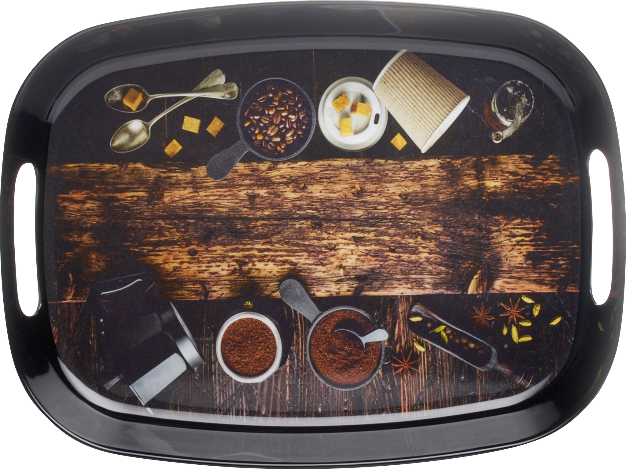 Dribble 100% Pure Melamine Serving Tray with Handle Large, Food Grade, BPA Free, for Kitchen, Dining, Serving Tea, Coffee and Meals, Shape Rectangular, Design: Cafe Culture