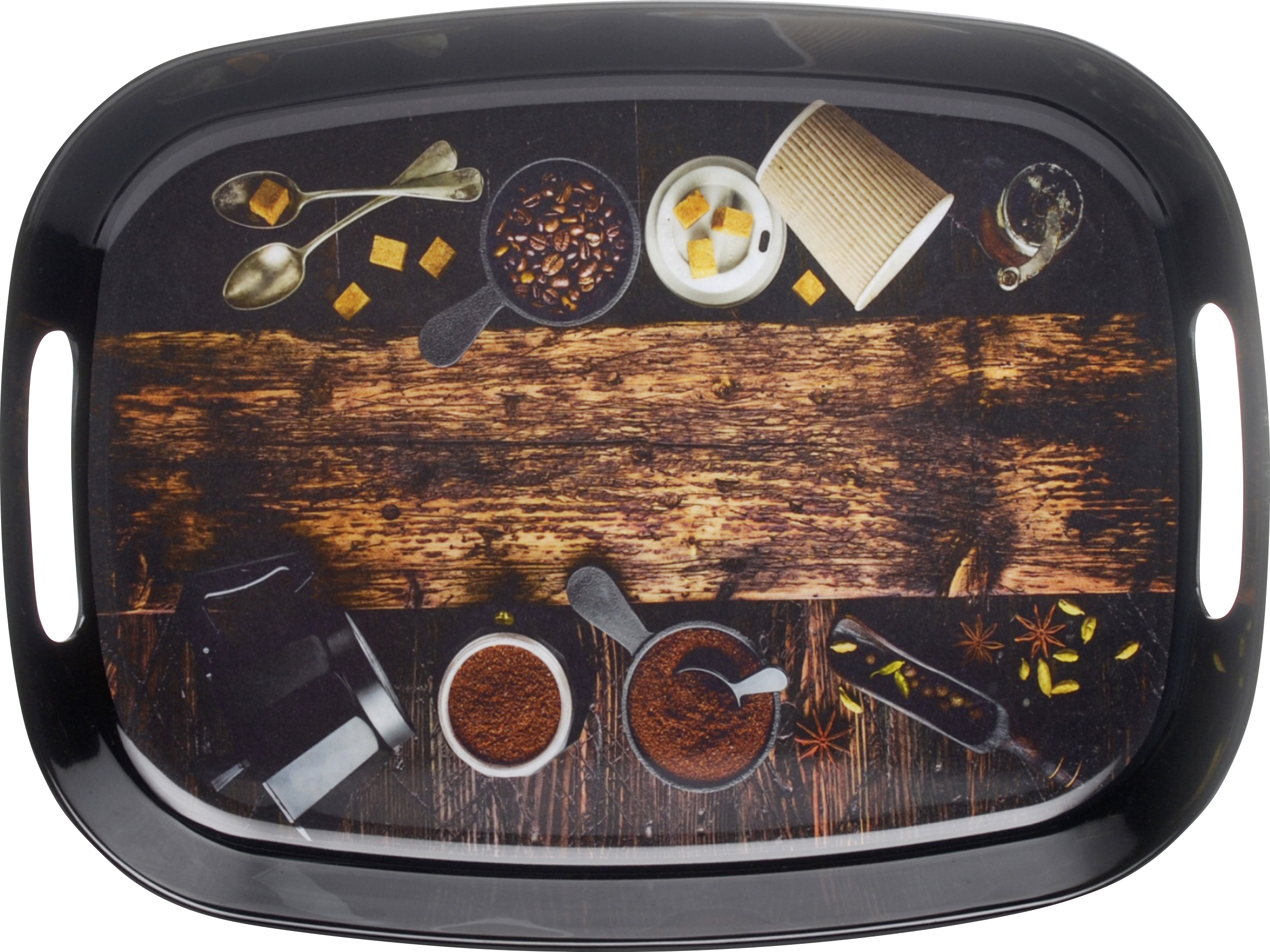 Dribble 100% Pure Melamine Serving Tray with Handle Large, Food Grade, BPA Free, for Kitchen, Dining, Serving Tea, Coffee and Meals, Shape Rectangular, Design: Cafe Culture