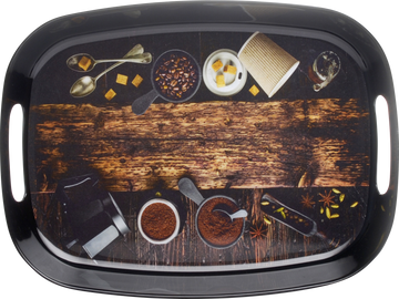 Dribble 100% Pure Melamine Serving Tray with Handle Large, Food Grade, BPA Free, for Kitchen, Dining, Serving Tea, Coffee and Meals, Shape Rectangular, Design: Cafe Culture