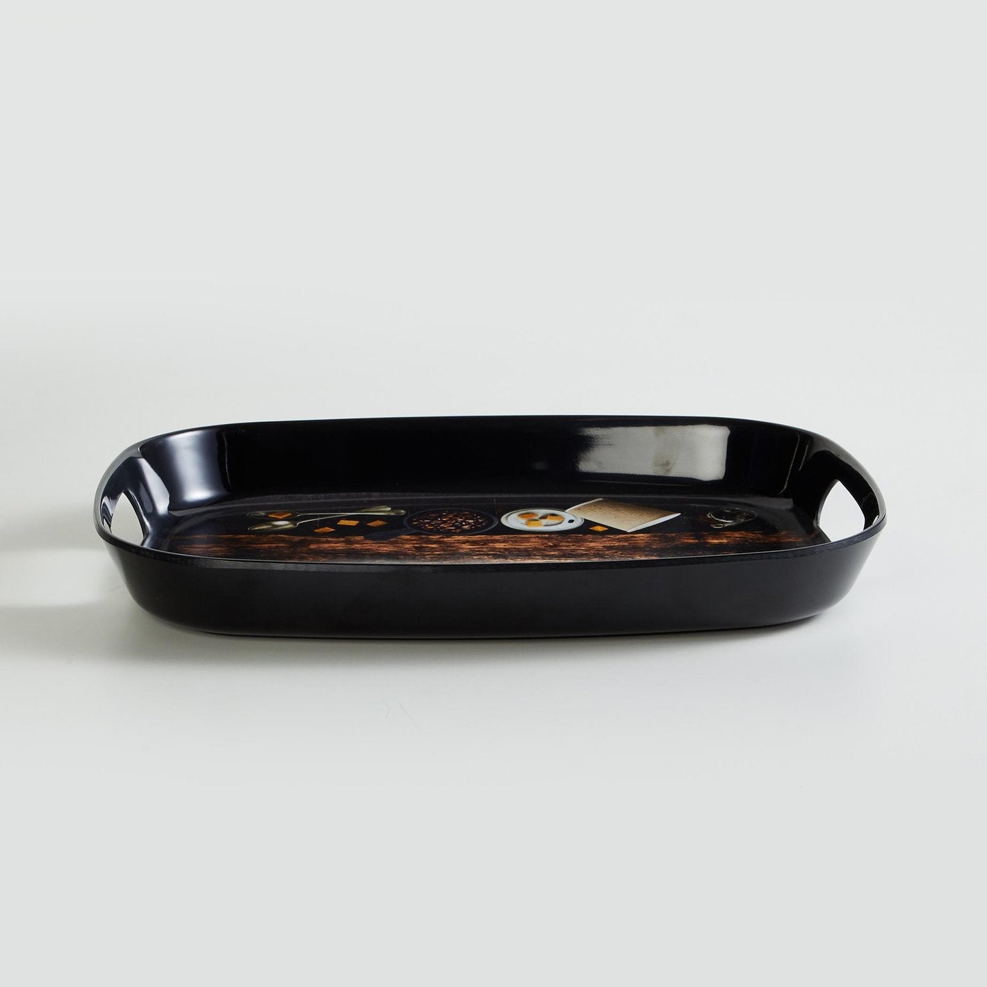 Dribble 100% Pure Melamine Serving Tray with Handle Small, Food Grade, BPA Free, for Kitchen, Dining, Serving Tea, Coffee and Meals, Shape Rectangular, Design: Cafe Culture