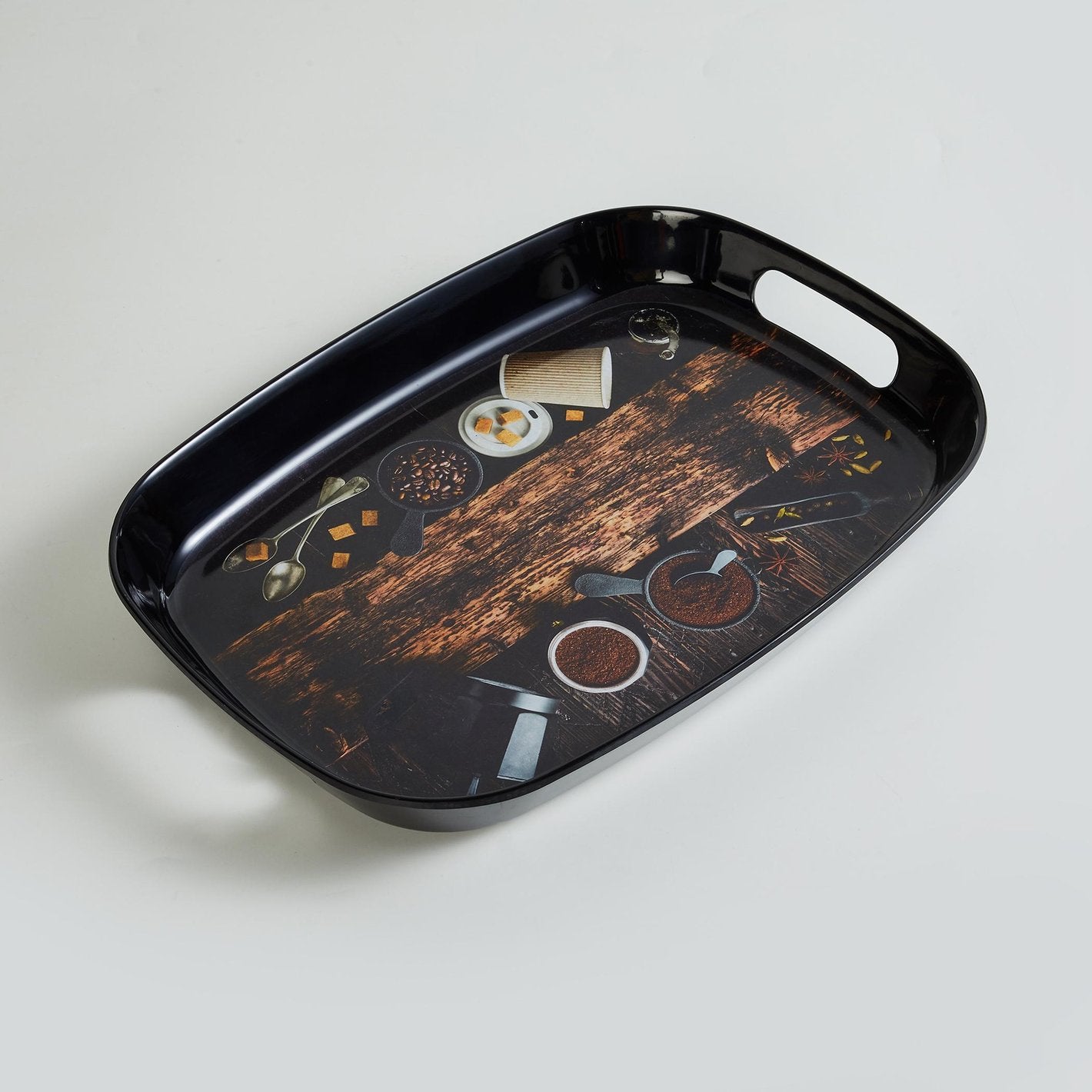 Dribble 100% Pure Melamine Serving Tray with Handle Medium, Food Grade, BPA Free, for Kitchen, Dining, Serving Tea, Coffee and Meals, Shape Rectangular, Design: Cafe Culture