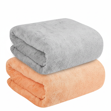 Dribble Coral Fleece 450 GSM Bath Towel 70x140 cm | Ultra Soft, Quick Dry, Highly Absorbent | Lightweight & Skin-Friendly Towel for Bathroom, Gym & Travel, (Peach/Grey, Pack of 2)