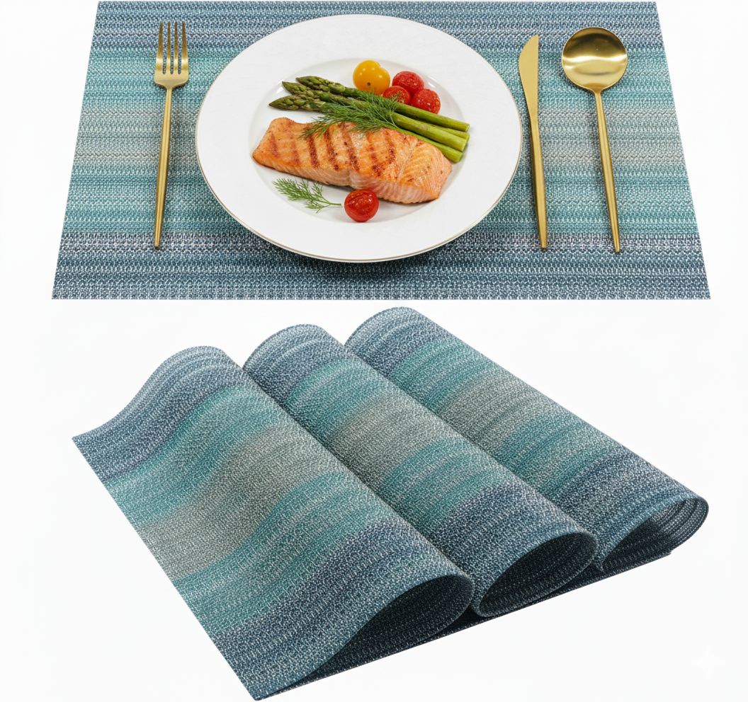 Dribble Premium PVC Placemats Set of 4 | Heat-Resistant, Washable, Waterproof Table Mats | Anti-Slip Dining Table Placemats for Kitchen & Home Decor – 45x30cm, Design - Mayura Blue