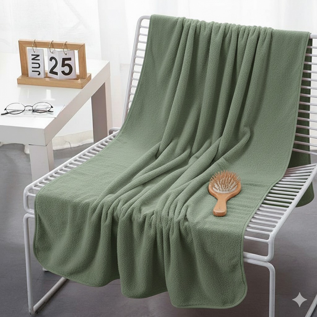 Dribble Coral Fleece Weft Knitting 400 GSM Large Bath Towel 70 x140 cm | Ultra Soft, Quick Dry, Highly Absorbent | Lightweight & Skin-Friendly Towel for Bathroom, Gym & Travel, Green