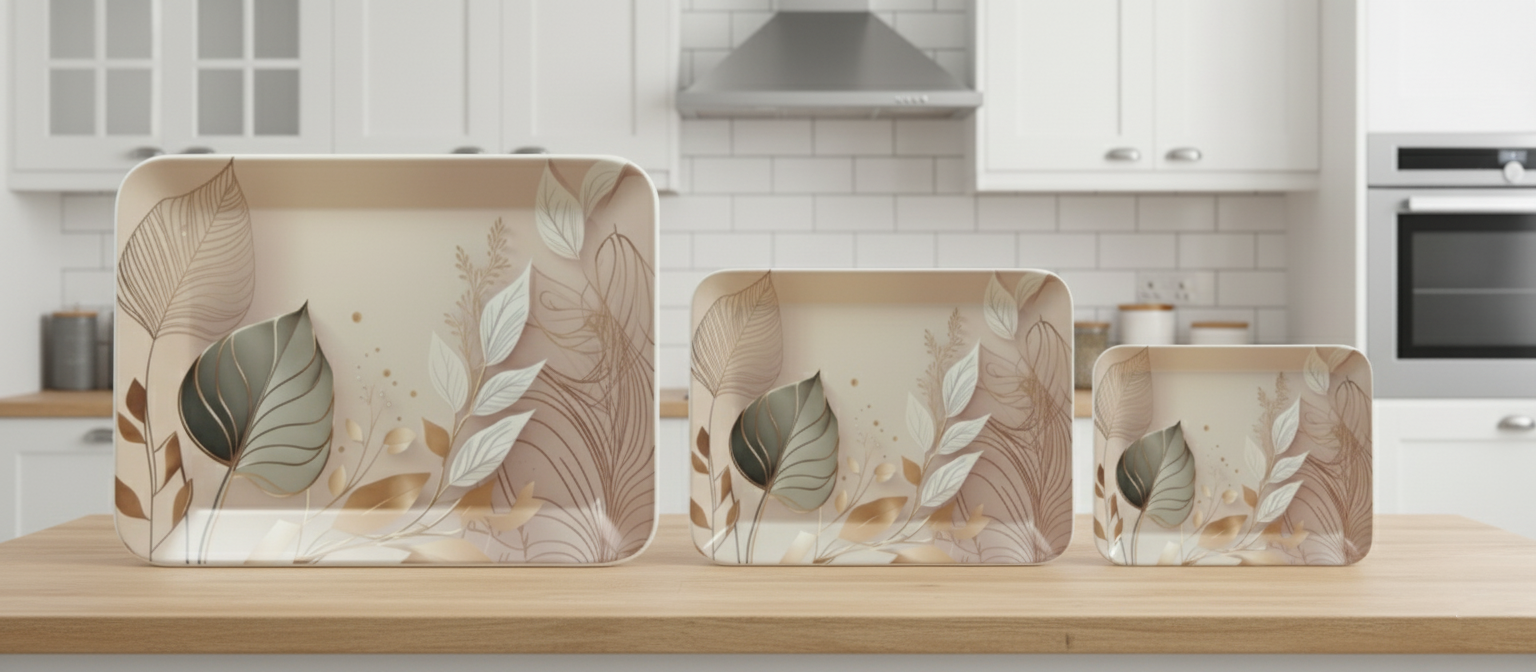 Dribble Melamine Serving Tray Set of 3 (Small [23cm(L) x17cm(W) x2.5cm(H)], Medium [31.5cm(L) x23.5cm(W) x2.5cm(H)], and Large [38cm(L) x27.5cm(W) x2.5cm(H)] Tray) Shape Rectangular, Design: Sparkle