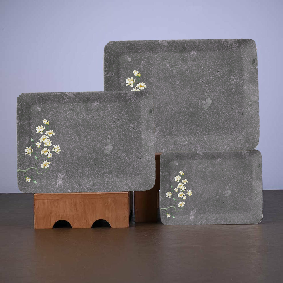 Dribble 100% Pure Melamine Serving Tray Set of 3 (Small, Medium & Large), Food Grade, BPA Free, for Kitchen, Dining, Serving Tea, Coffee and Meals Shape Rectangular, Design: Midnight Bloom