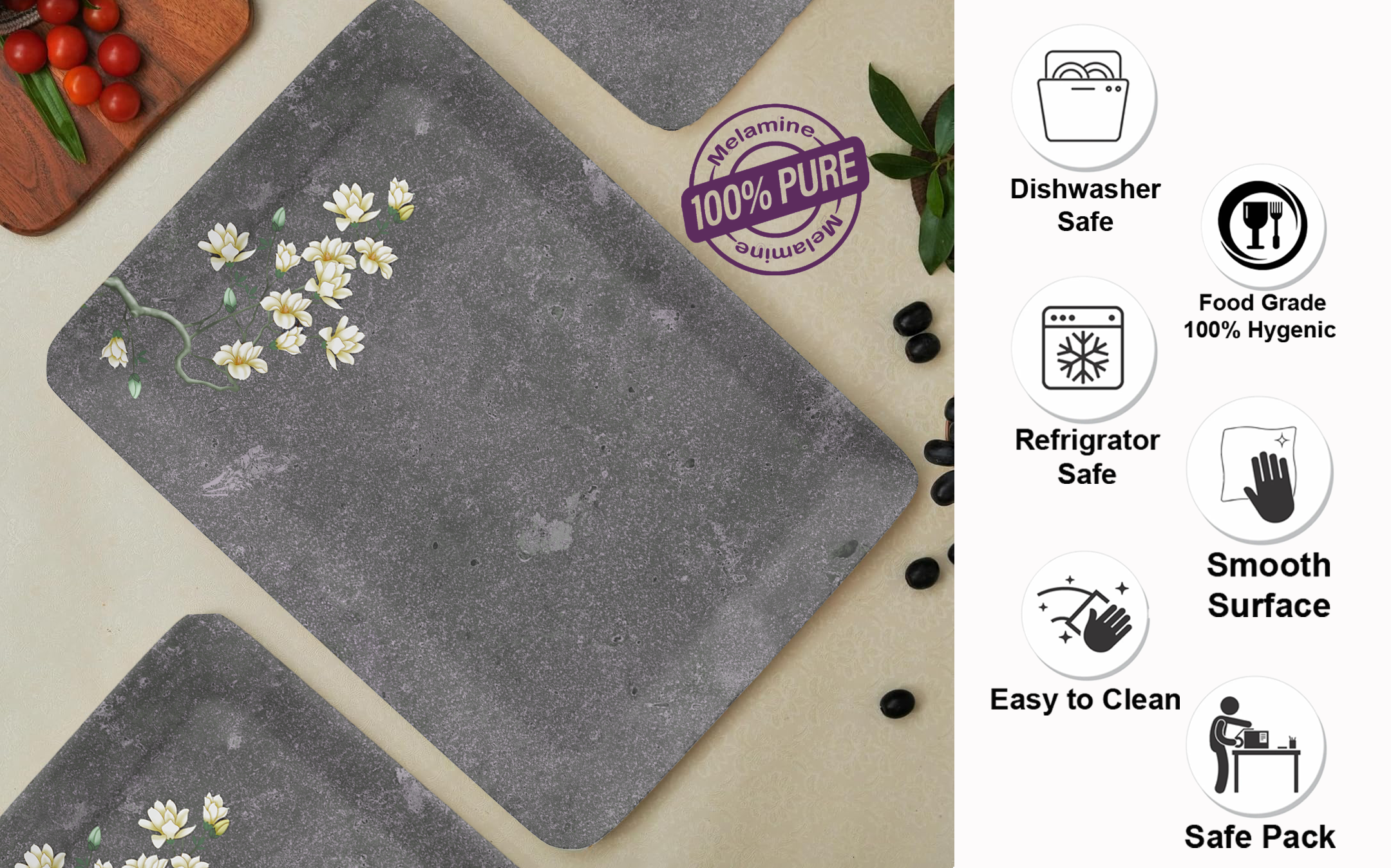 Dribble 100% Pure Melamine Serving Tray Set of 3 (Small, Medium & Large), Food Grade, BPA Free, for Kitchen, Dining, Serving Tea, Coffee and Meals Shape Rectangular, Design: Midnight Bloom