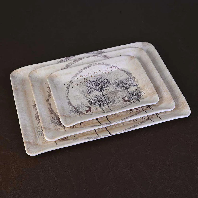 Dribble Melamine Serving Tray Set of 3 (Small [23cm(L) x17cm(W) x2.5cm(H)], Medium [31.5cm(L) x23.5cm(W) x2.5cm(H)], and Large [38cm(L) x27.5cm(W) x2.5cm(H)] Tray, Shape: Rectangular, Design: Antique