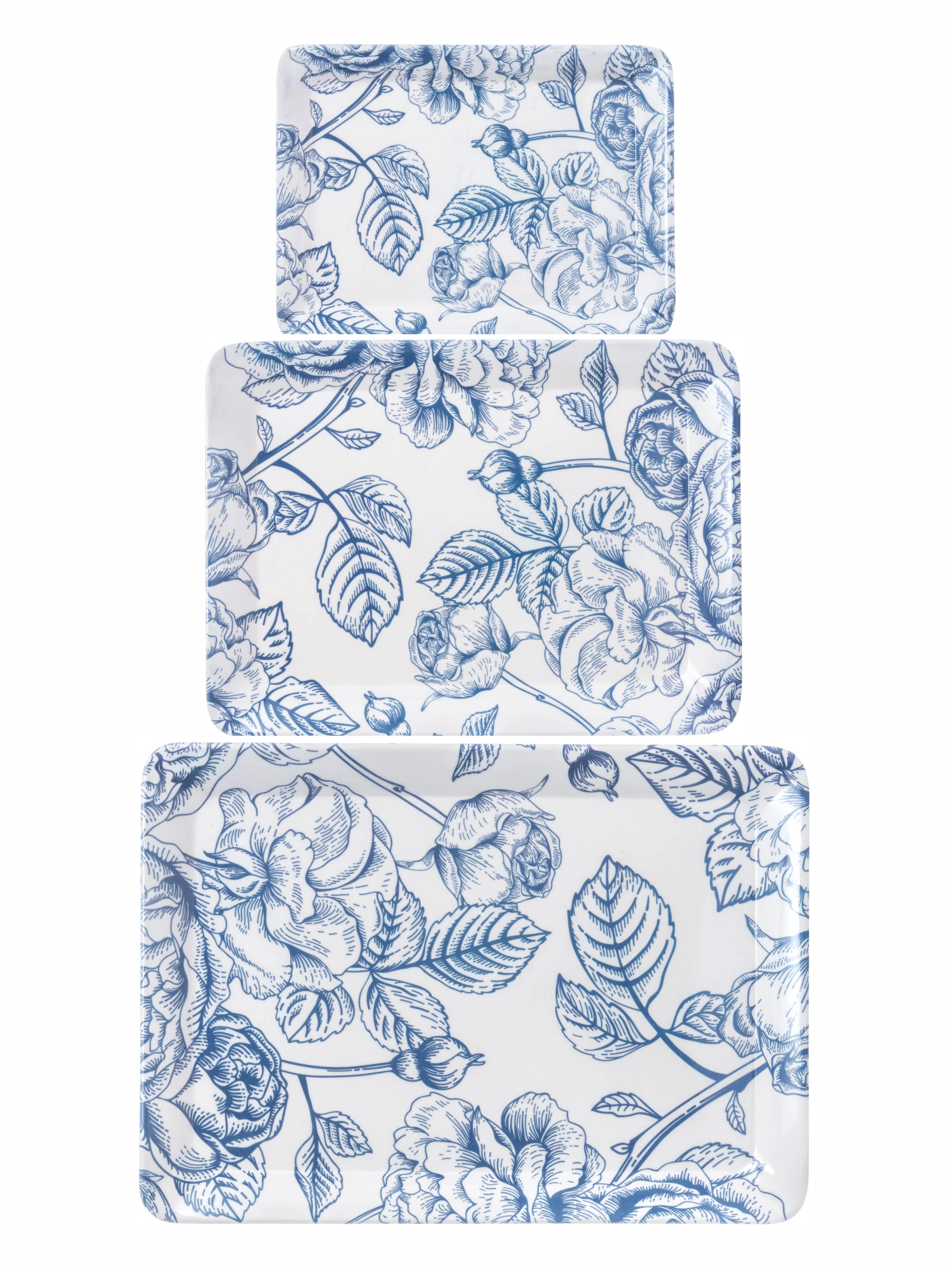 Dribble Melamine Serving Tray Set of 3 (Small [23cm(L)x17cm(W)x2.5cm(H)], Medium [31.5cm(L)x23.5cm(W)x2.5cm(H)], and Large [38cm(L)x27.5cm(W)x2.5cm(H)] Tray) Shape: Rectangular, Design: Mystical Blue