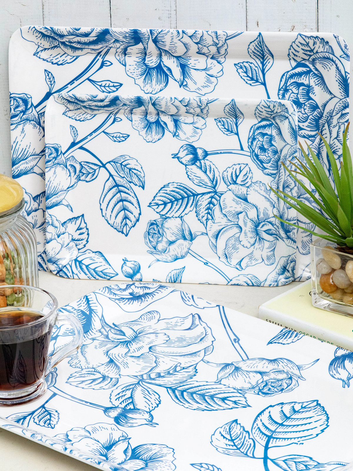 Dribble Melamine Serving Tray Set of 3 (Small [23cm(L)x17cm(W)x2.5cm(H)], Medium [31.5cm(L)x23.5cm(W)x2.5cm(H)], and Large [38cm(L)x27.5cm(W)x2.5cm(H)] Tray) Shape: Rectangular, Design: Mystical Blue