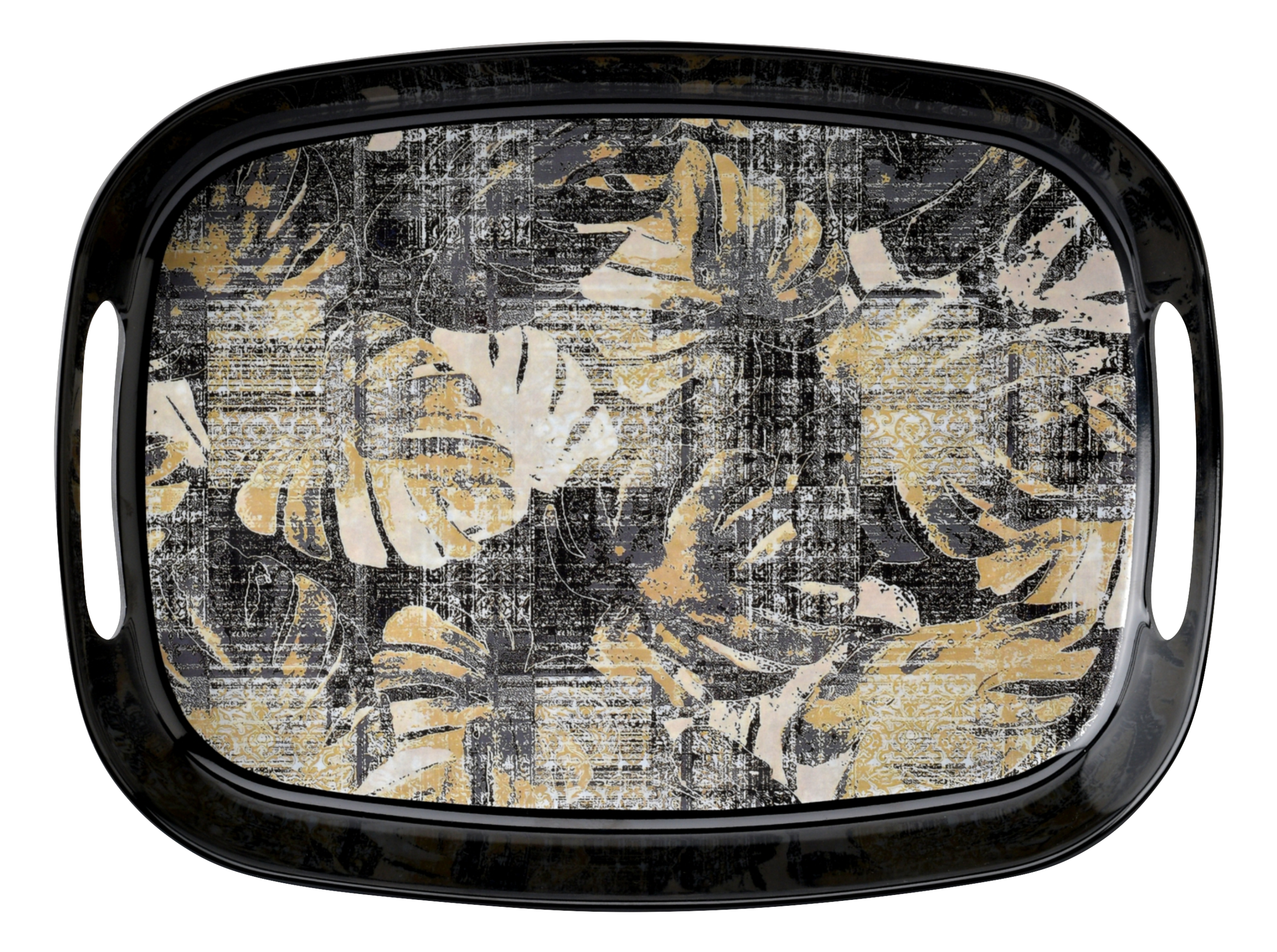 Dribble 100% Pure Melamine Serving Tray with Handle Medium, Food Grade, BPA Free, for Kitchen, Dining, Serving Tea, Coffee and Meals, Shape Rectangular, Design: Earthy Bloom