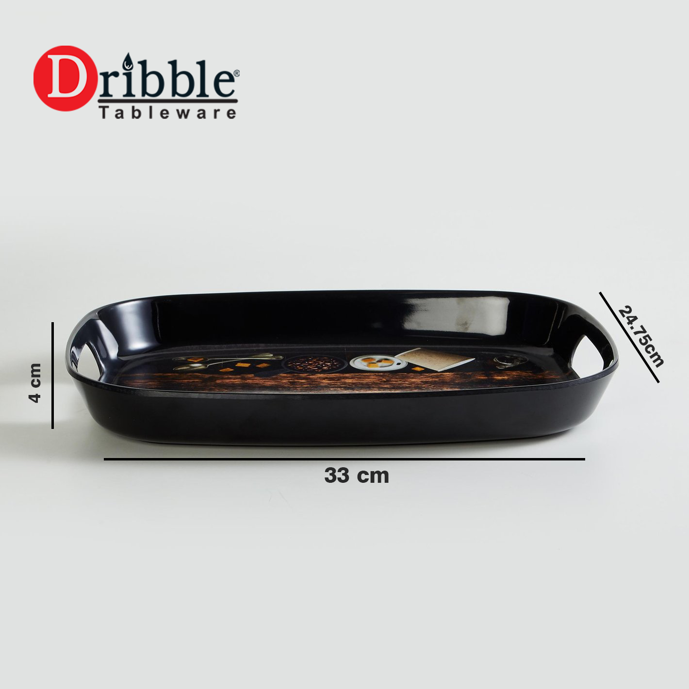 Dribble 100% Pure Melamine Serving Tray with Handle Medium, Food Grade, BPA Free, for Kitchen, Dining, Serving Tea, Coffee and Meals, Shape Rectangular, Design: Cafe Culture