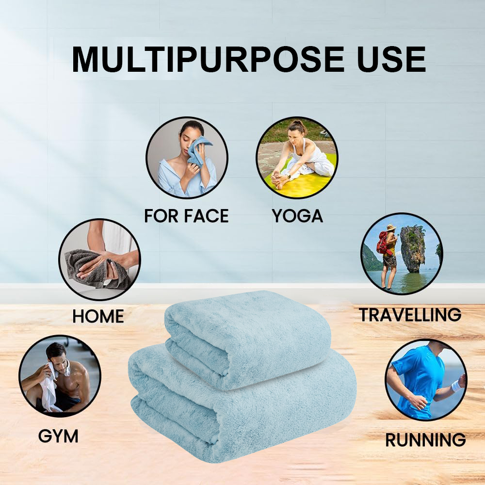 Dribble Coral Fleece Microfiber Towel Set | Ultra Soft & Highly Absorbent Hand Towel + Bath Towel | 450 GSM Quick Dry Towels for Bathroom, Home, Gym & Travel (Pack of 2, Blue)