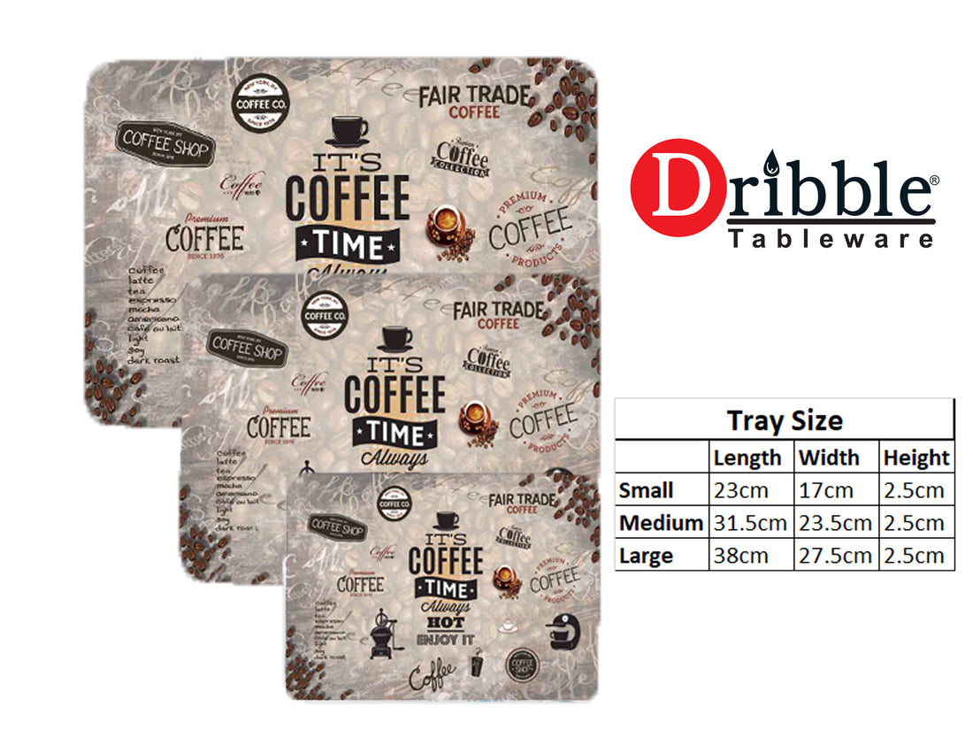 Dribble Melamine Serving Tray Set of 3 (Small [23cm(L)x17cm(W)x2.5cm(H)], Medium [31.5cm(L)x23.5cm(W)x2.5cm(H)], and Large [38cm(L)x27.5cm(W)x2.5cm(H)] tray), Shape: Rectangular, Design: Coffee Time