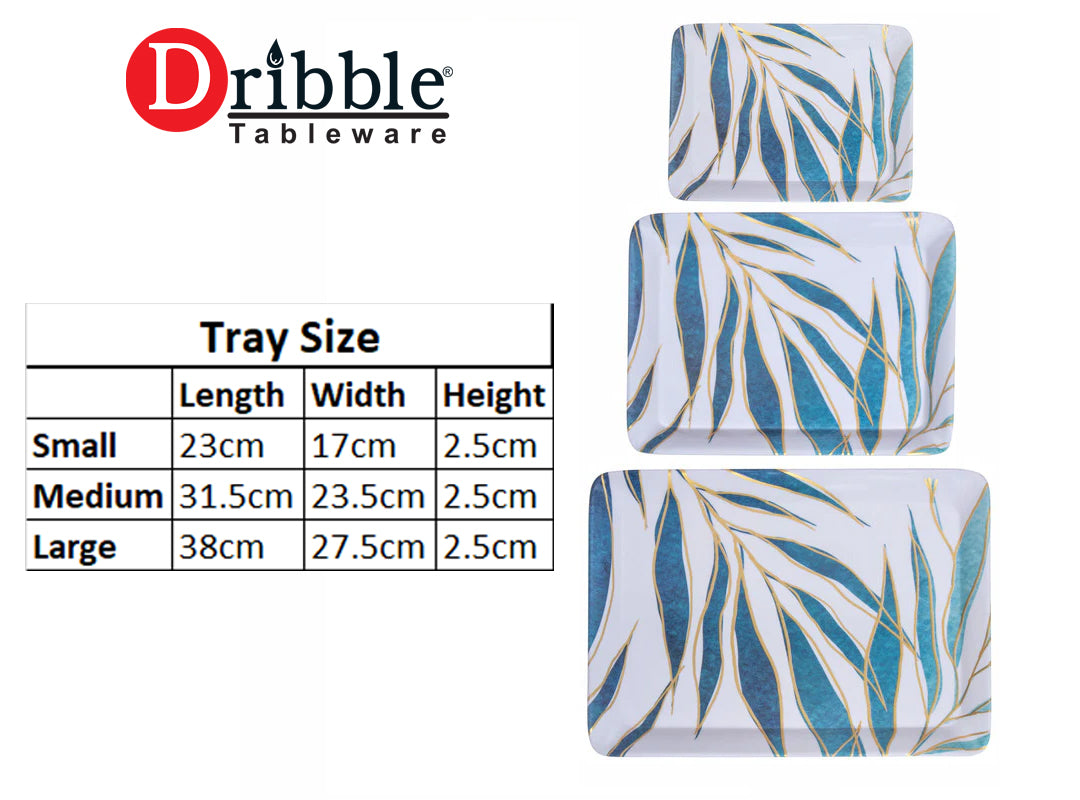 Dribble Melamine Serving Tray Set of 3 (Small [23cm(L) x17cm(W) x2.5cm(H)], Medium [31.5cm(L) x23.5cm(W) x2.5cm(H)], and Large [38cm(L) x27.5cm(W) x2.5cm(H)] Tray) Shape: Rectangular, Design: Spring