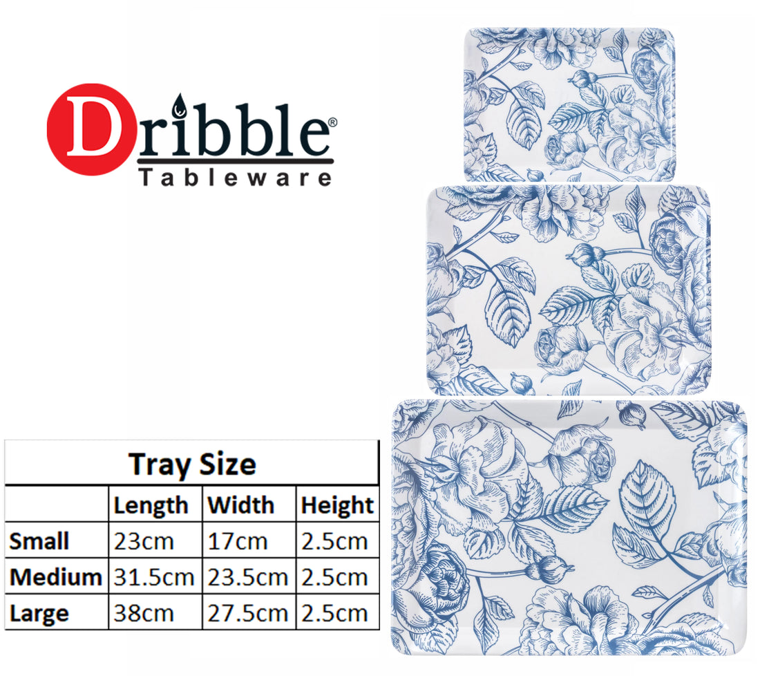 Dribble Melamine Serving Tray Set of 3 (Small [23cm(L)x17cm(W)x2.5cm(H)], Medium [31.5cm(L)x23.5cm(W)x2.5cm(H)], and Large [38cm(L)x27.5cm(W)x2.5cm(H)] Tray) Shape: Rectangular, Design: Mystical Blue