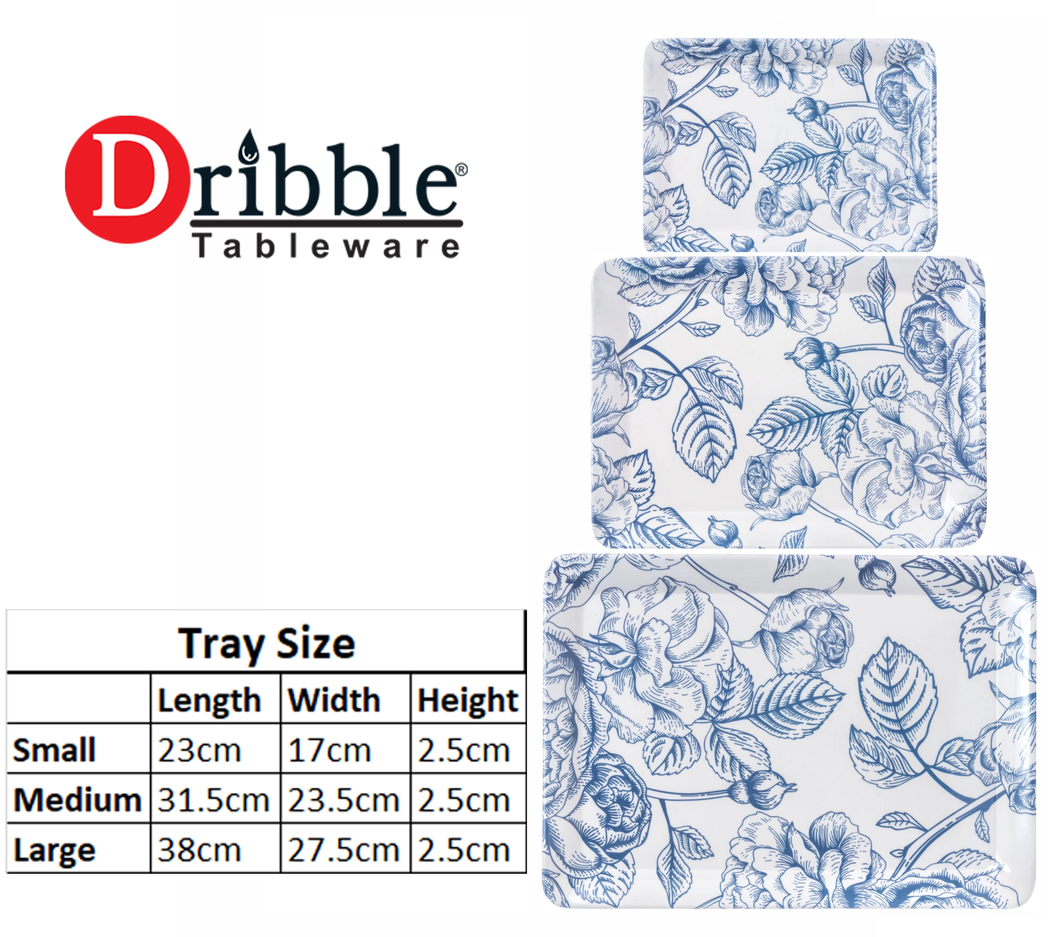 Dribble Melamine Serving Tray Set of 3 (Small [23cm(L)x17cm(W)x2.5cm(H)], Medium [31.5cm(L)x23.5cm(W)x2.5cm(H)], and Large [38cm(L)x27.5cm(W)x2.5cm(H)] Tray) Shape: Rectangular, Design: Mystical Blue