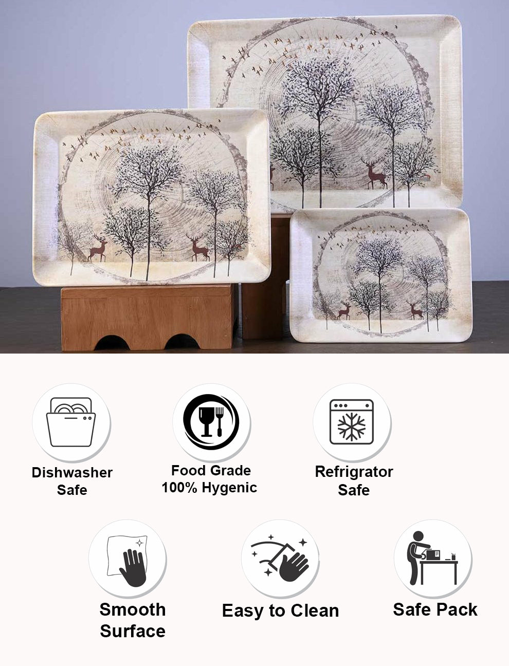 Dribble Melamine Serving Tray Set of 3 (Small [23cm(L) x17cm(W) x2.5cm(H)], Medium [31.5cm(L) x23.5cm(W) x2.5cm(H)], and Large [38cm(L) x27.5cm(W) x2.5cm(H)] Tray, Shape: Rectangular, Design: Antique