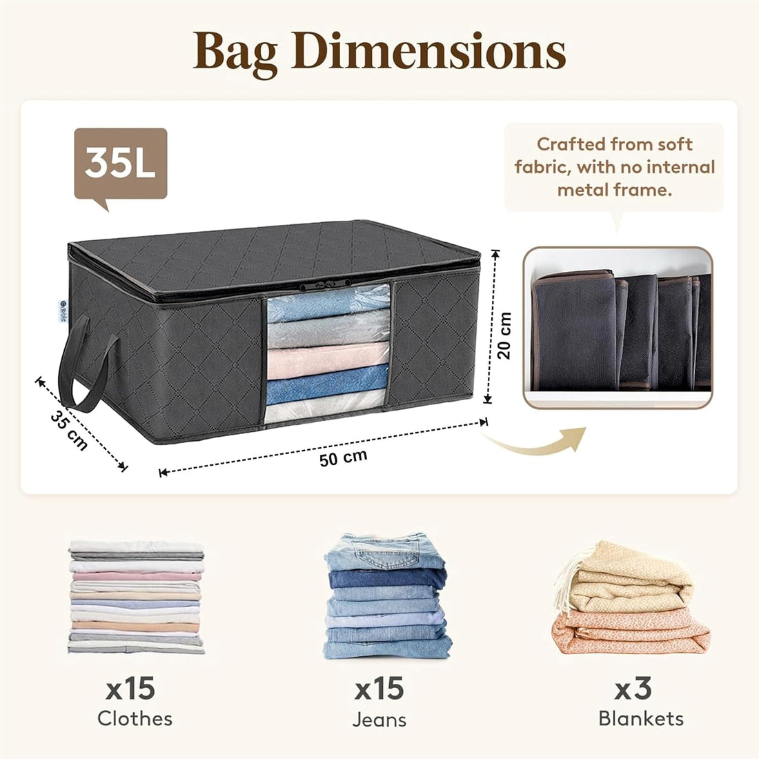 Dribble 2 PCS Collapsible Fabric Storage Box with Handles | Foldable Storage Bag for Bedroom, Closet, Clothing, Comforter, Sweater, Organization and Storage | Large Storage Organizers – Grey (35 Ltr)