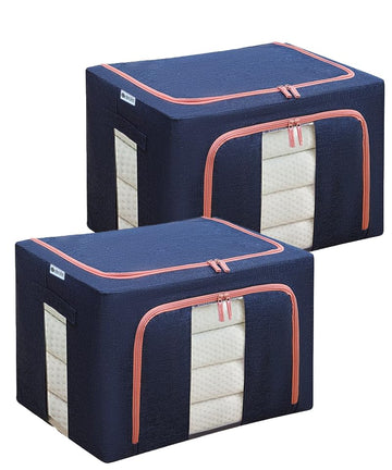 Dribble 2Pcs Foldable Steel Frame Clothes Organizer Storage Box for Wardrobe, Saree, Shirts, and Blankets (24 Ltr) Blue