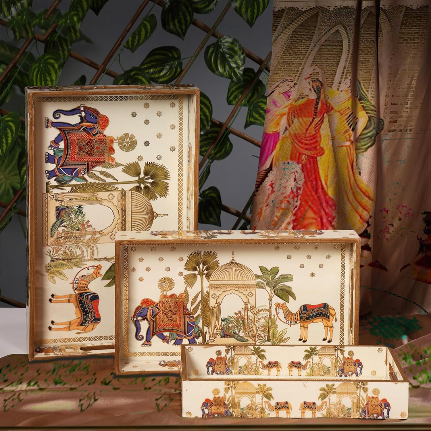 Dribble Premium MDF Wood Serving Tray Set of 3 | Gold Engraved Decorative Trays | Waterproof Enamel Coated | Royal Caravan Design | Rectangular | 16x10,14x8 &12x6 Inch | for Kitchen, Dining & Gifting