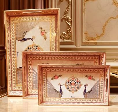Click to see full view       Dribble Premium MDF Wood Serving Tray Set of 3 | Gold Engraved Decorative Trays | Waterproof Enamel Coated | Peacock Plazoo Design | Rectangular | 16x10,14x8 &12x6 Inch | for Kitchen, Dining & Gifting