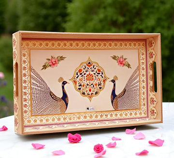 Dribble Premium MDF Wood Serving Tray Large | Gold Engraved Decorative Trays | Waterproof Enamel Coated | Peacock Plazoo Design | Rectangular | 16 x 10 Inch | for Kitchen, Dining & Gifting