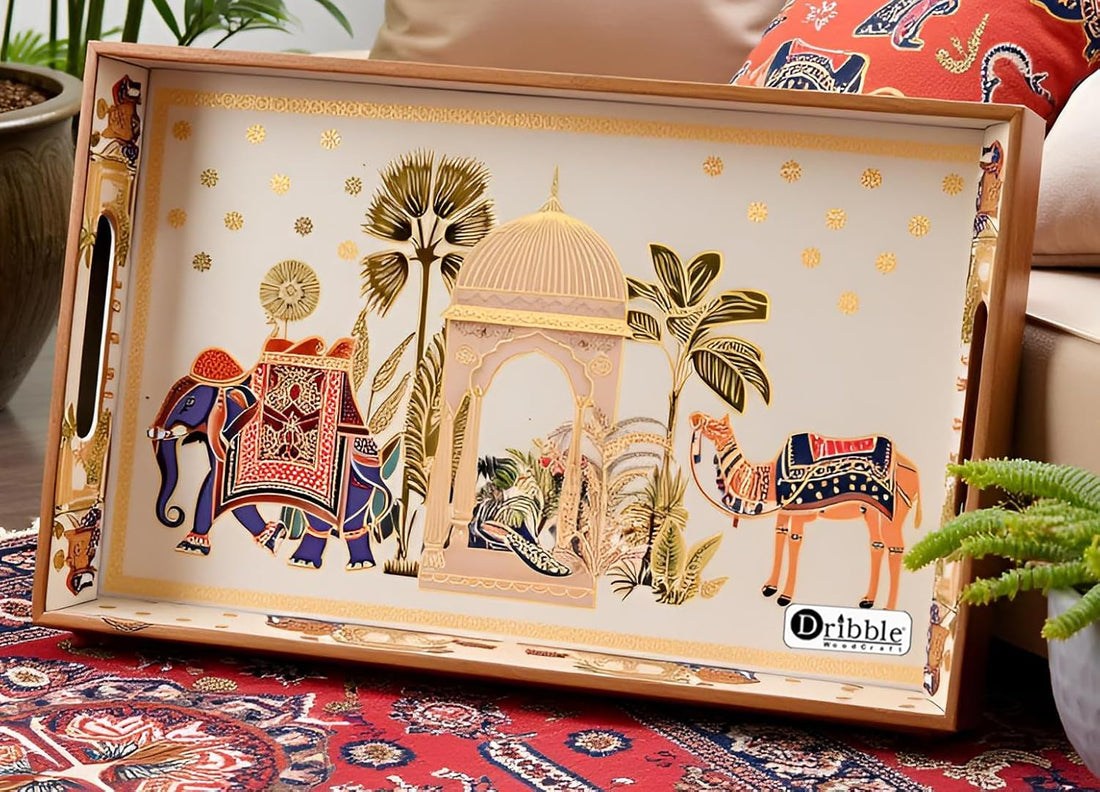 Dribble Premium MDF Wood Serving Tray Large | Gold Engraved Decorative Trays | Waterproof Enamel Coated | Royal Caravan Design | Rectangular | 16 x 10 Inch | for Kitchen, Dining & Gifting