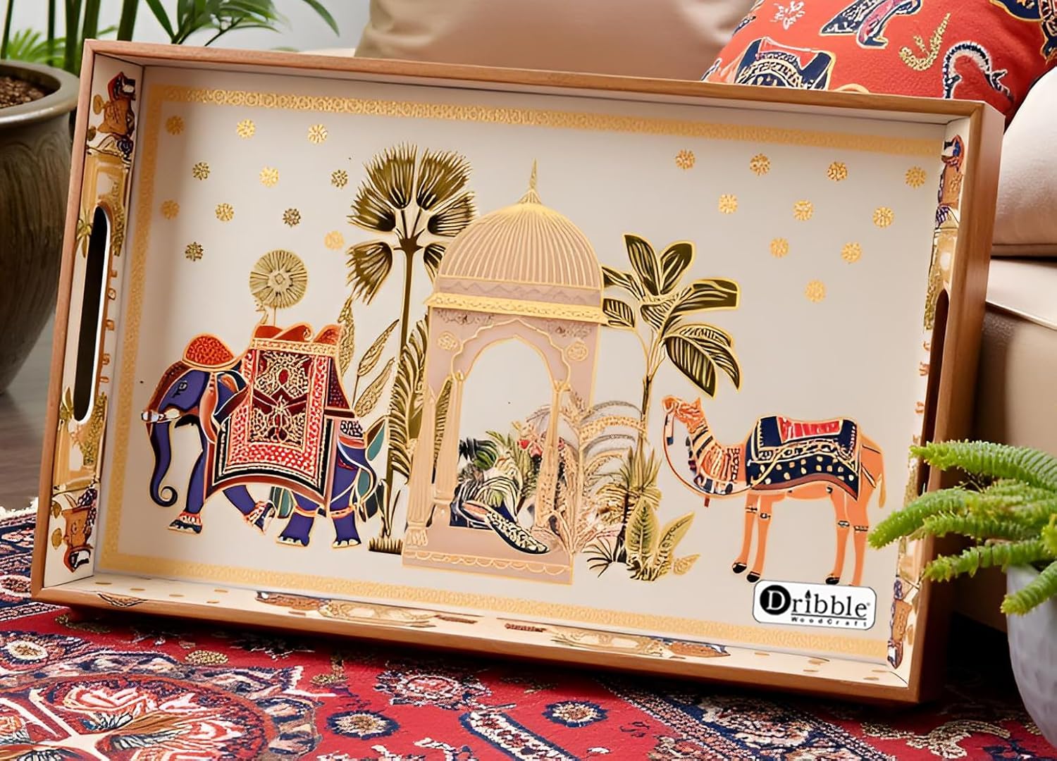 Dribble Premium MDF Wood Serving Tray Large | Gold Engraved Decorative Trays | Waterproof Enamel Coated | Royal Caravan Design | Rectangular | 16 x 10 Inch | for Kitchen, Dining & Gifting