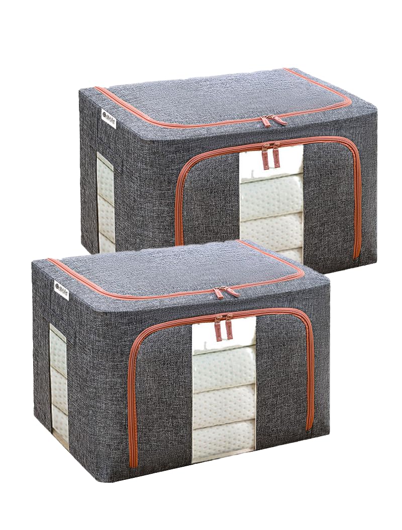 Dribble 2pcs Foldable Steel Frame Clothes Organizer Storage Box for Wardrobe, Saree, Shirts, and Blankets (24 Ltr) Grey