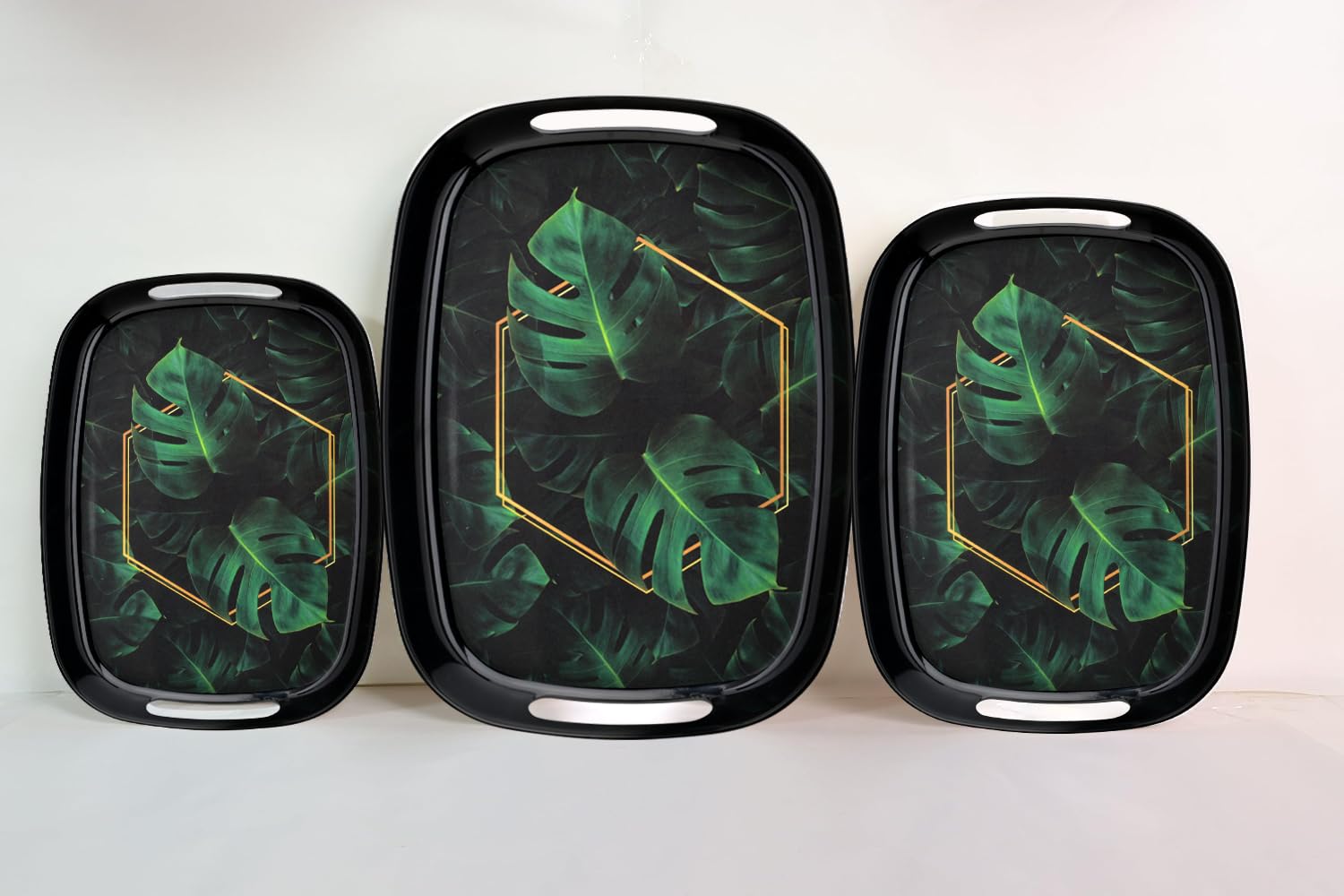 Dribble 100% Pure Melamine Serving Tray with Handle Set of 3 (Small, Medium & Large), Food Grade, BPA Free, for Kitchen, Dining, Serving Tea, Coffee and Meals, Shape Rectangular, Design: Night Safari