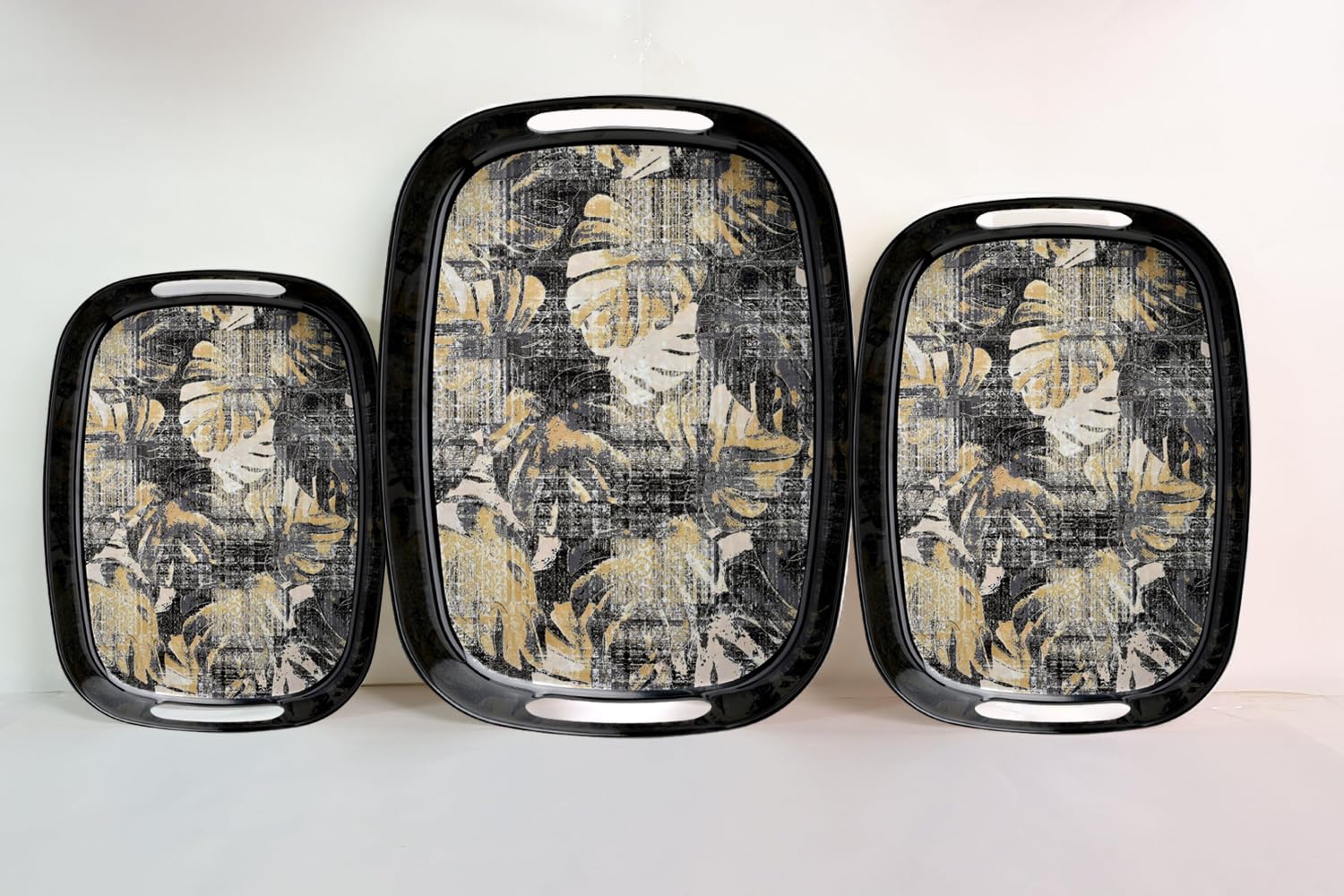 Dribble 100% Pure Melamine Serving Tray with Handle Set of 3 (Small, Medium & Large), Food Grade, BPA Free, for Kitchen, Dining, Serving Tea, Coffee and Meals, Shape Rectangular, Design: Earthy Bloom