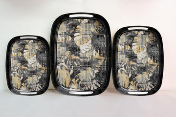 Dribble 100% Pure Melamine Serving Tray with Handle Set of 3 (Small, Medium & Large), Food Grade, BPA Free, for Kitchen, Dining, Serving Tea, Coffee and Meals, Shape Rectangular, Design: Earthy Bloom