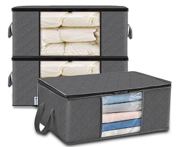 Dribble 3 PCS Collapsible Fabric Storage Box with Handles | Foldable Storage Bag for Bedroom, Closet, Clothing, Comforter, Sweater, Organization and Storage | Large Storage Organizers – Grey (35 Ltr)
