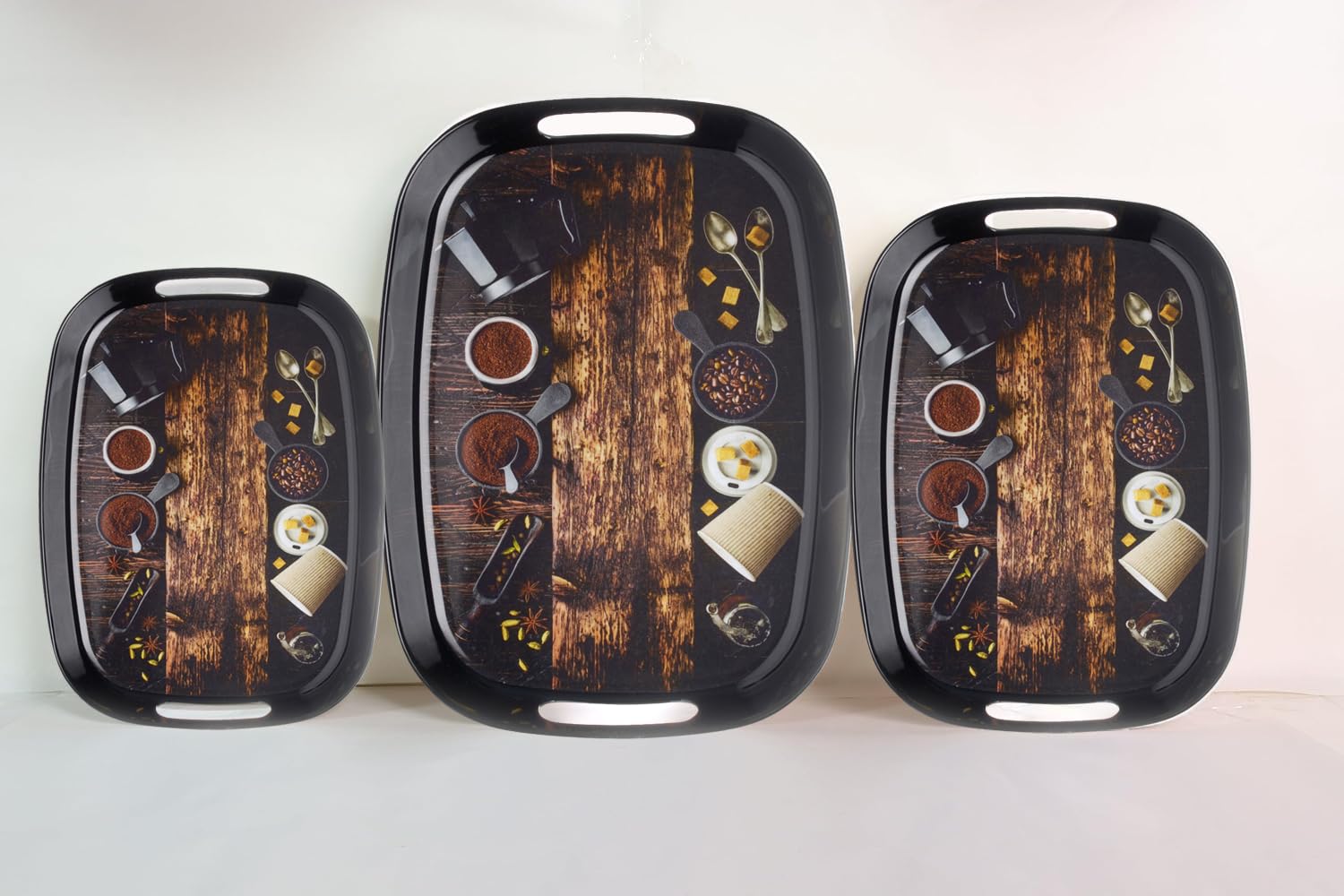 Dribble 100% Pure Melamine Serving Tray with Handle Set of 3 (Small, Medium & Large), Food Grade, BPA Free, for Kitchen, Dining, Serving Tea, Coffee and Meals, Shape Rectangular, Design: Cafe Culture