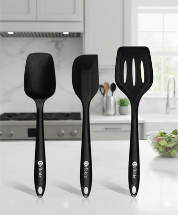 Dribble Premium Big & Sturdy Silicone Spatula Set of 3, Heat Resistant Spatulas for Non Stick Cooking,Baking & Mixing-BPA-Free & Food Grade, Black