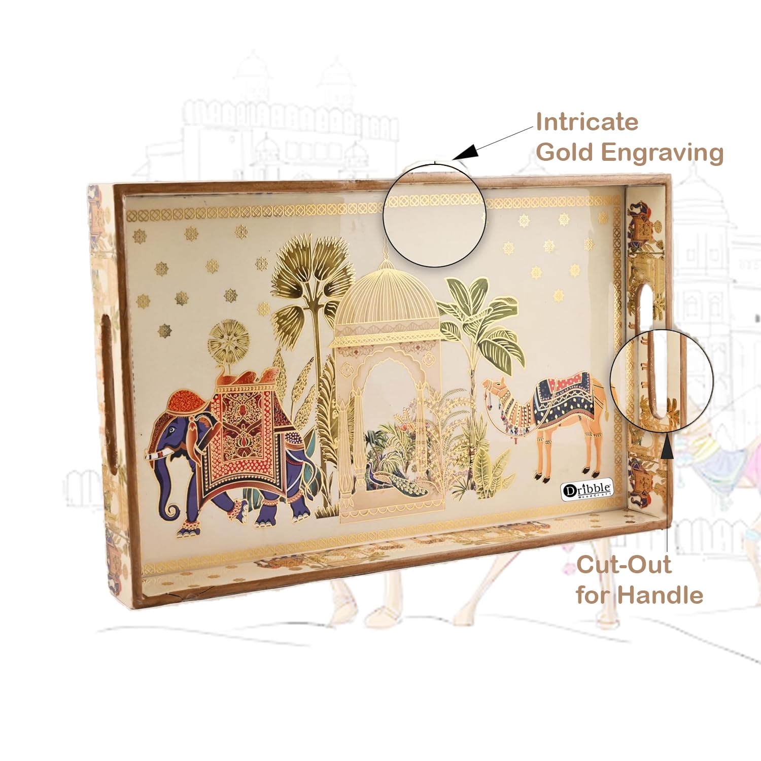 Dribble Premium MDF Wood Serving Tray Large | Gold Engraved Decorative Trays | Waterproof Enamel Coated | Royal Caravan Design | Rectangular | 16 x 10 Inch | for Kitchen, Dining & Gifting