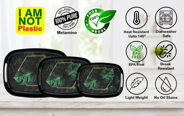 Dribble 100% Pure Melamine Serving Tray with Handle Set of 3 (Small, Medium & Large), Food Grade, BPA Free, for Kitchen, Dining, Serving Tea, Coffee and Meals, Shape Rectangular, Design: Night Safari