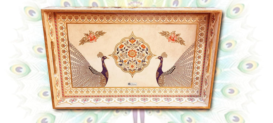 Dribble Premium MDF Wood Serving Tray Large | Gold Engraved Decorative Trays | Waterproof Enamel Coated | Peacock Plazoo Design | Rectangular | 16 x 10 Inch | for Kitchen, Dining & Gifting
