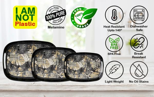 Dribble 100% Pure Melamine Serving Tray with Handle Set of 3 (Small, Medium & Large), Food Grade, BPA Free, for Kitchen, Dining, Serving Tea, Coffee and Meals, Shape Rectangular, Design: Earthy Bloom