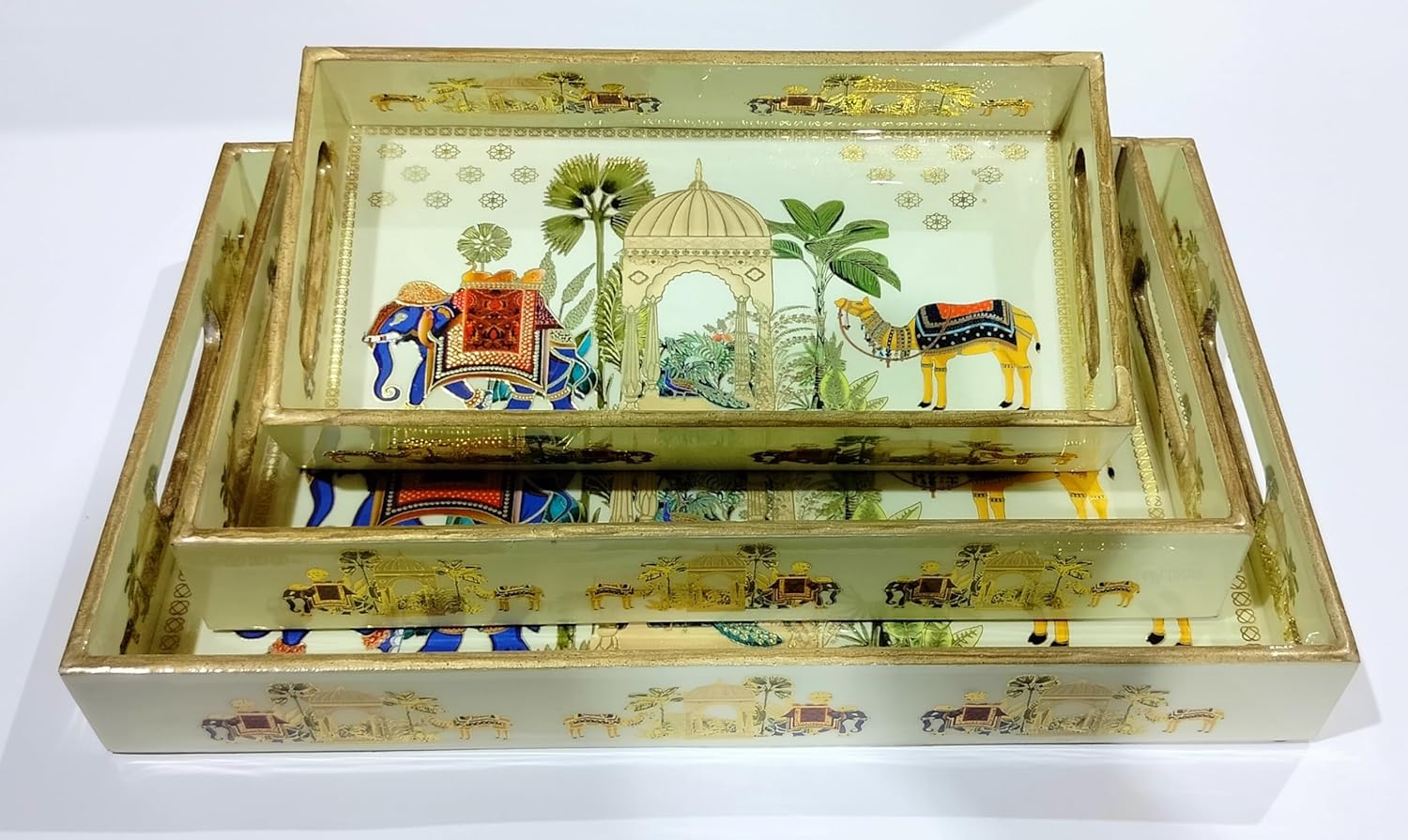 Dribble Premium MDF Wood Serving Tray Set of 3 | Gold Engraved Decorative Trays | Waterproof Enamel Coated | Royal Caravan Design | Rectangular | 16x10,14x8 &12x6 Inch | for Kitchen, Dining & Gifting